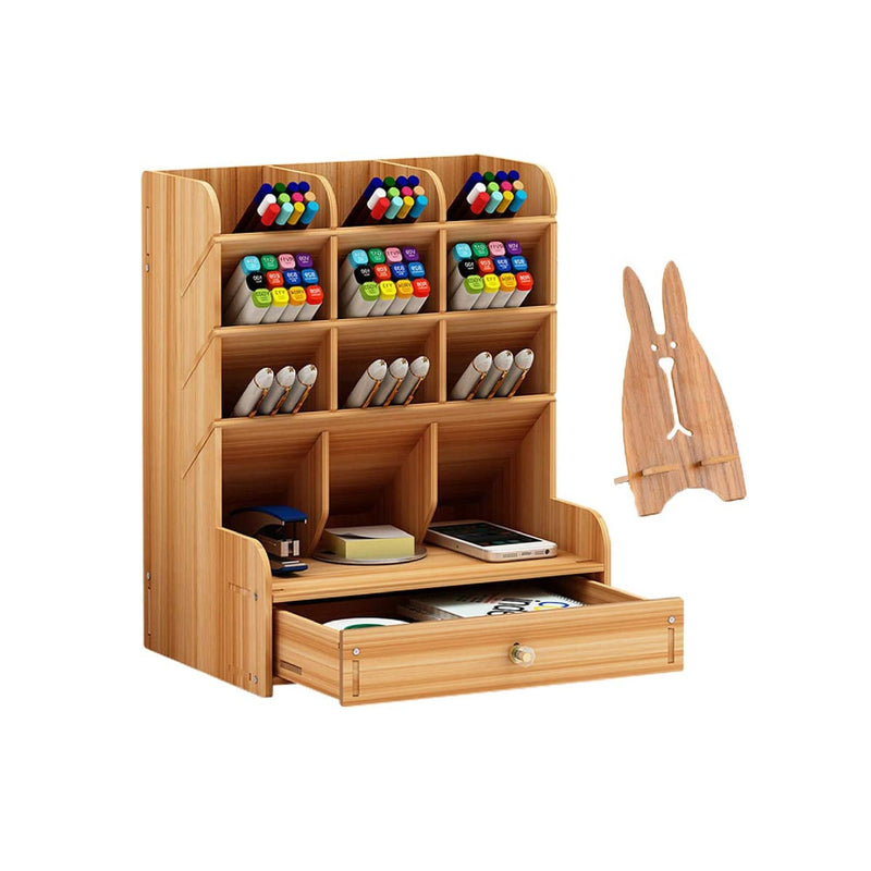 Wooden Desk Organizer with Drawer, Large Capacity DIY Pen Holder