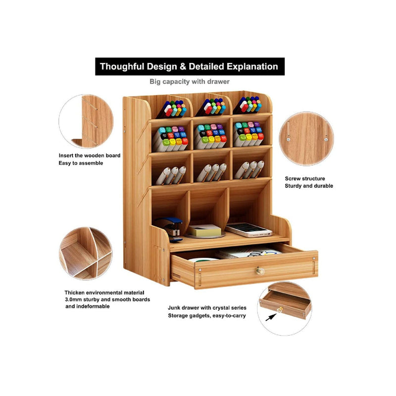 Wooden Desk Organizer, Multi-Functional DIY Pen Holder Box
