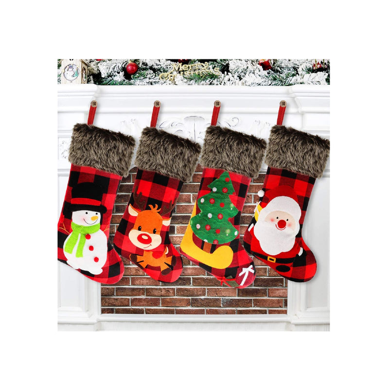 Hamsoo Christmas Stockings 4 Pack | 18" Plaid Xmas Stockings | Burlap Plaid Style with Santa Snowman Reindeer and Christmas Tree