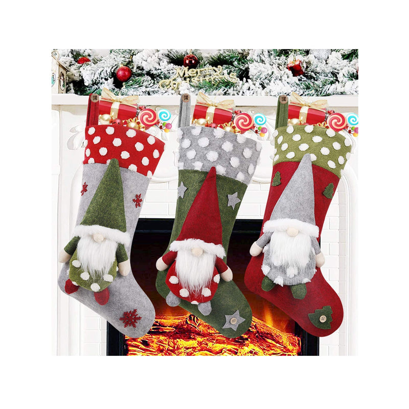 Christmas Stocking 3 Pack | 19 Inch 3D Gnomes Santa Christmas Stockings Fireplace Hanging Stockings