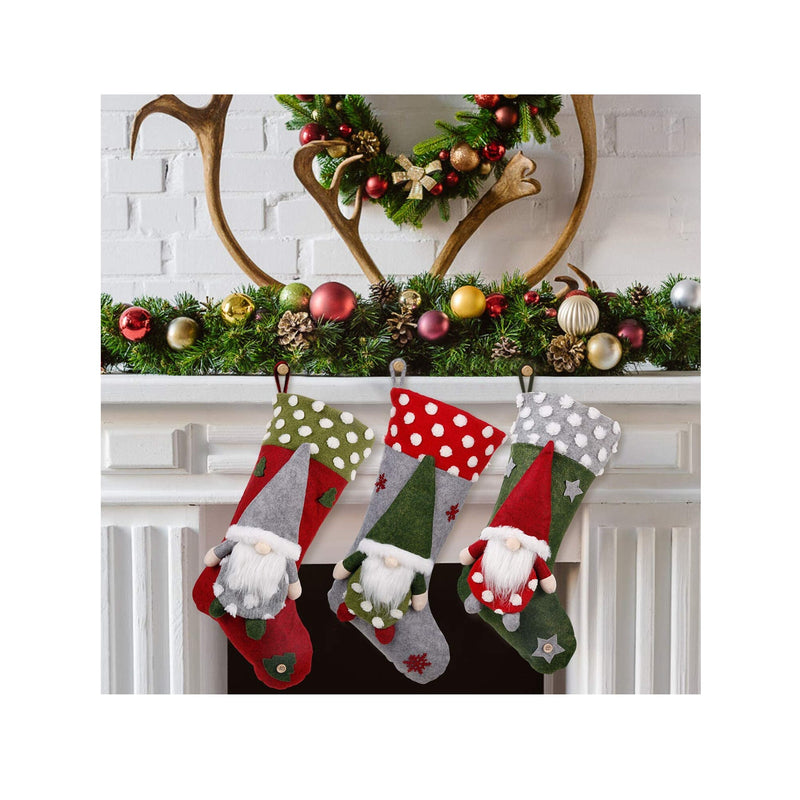 Christmas Stocking 3 Pack | 19 Inch 3D Gnomes Santa Christmas Stockings Fireplace Hanging Stockings