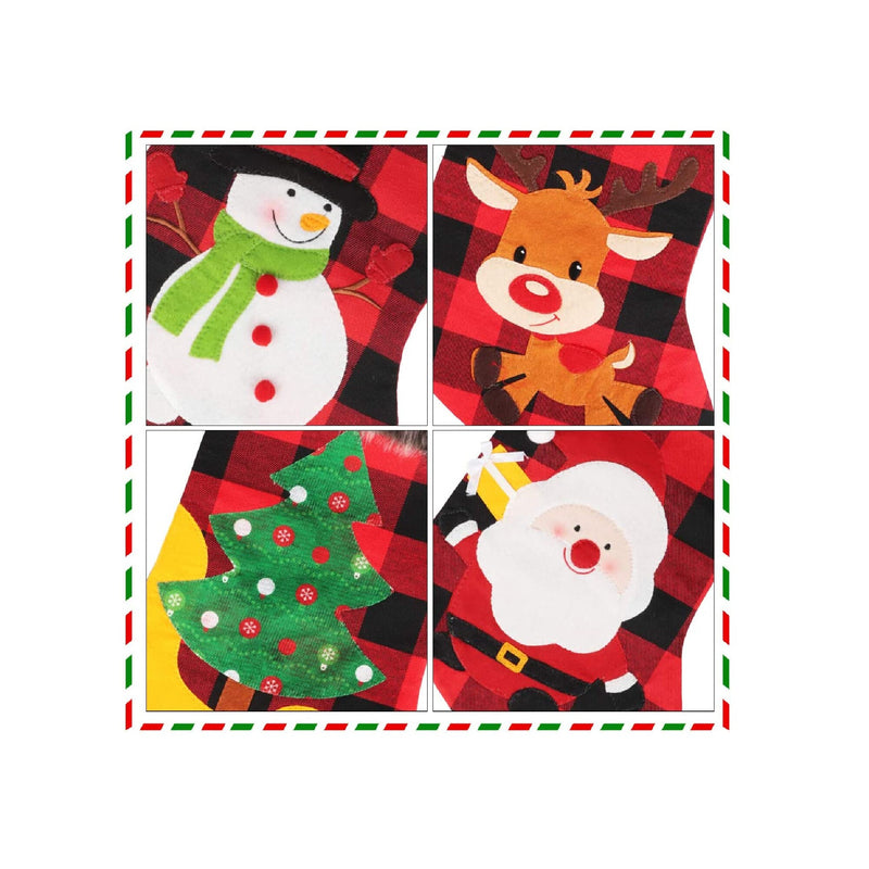 Hamsoo Christmas Stockings 4 Pack | 18" Plaid Xmas Stockings | Burlap Plaid Style with Santa Snowman Reindeer and Christmas Tree