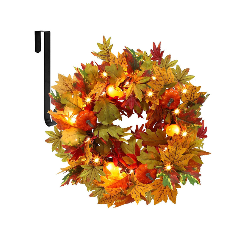 Juegoal Lighted Fall Wreath with Metal Hanger | 14 Inch Pre-lit Artificial Autumn Maple Leaf Wreaths