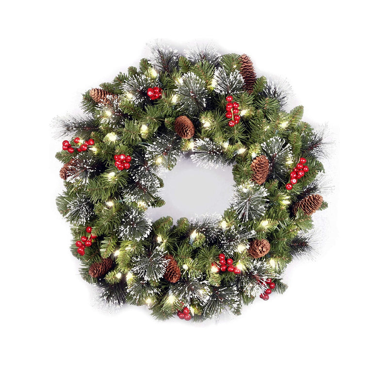 National Tree Company Pre-Lit Artificial Christmas Wreath | Green Crestwood Spruce | White Lights | Decorated