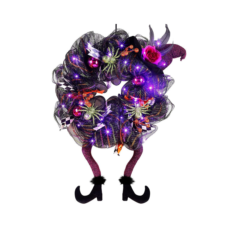 Lulu Home Halloween Wreath | 30 LED Purple Lighted Front Door Wreath with Witch Hat Leg Mesh Decor