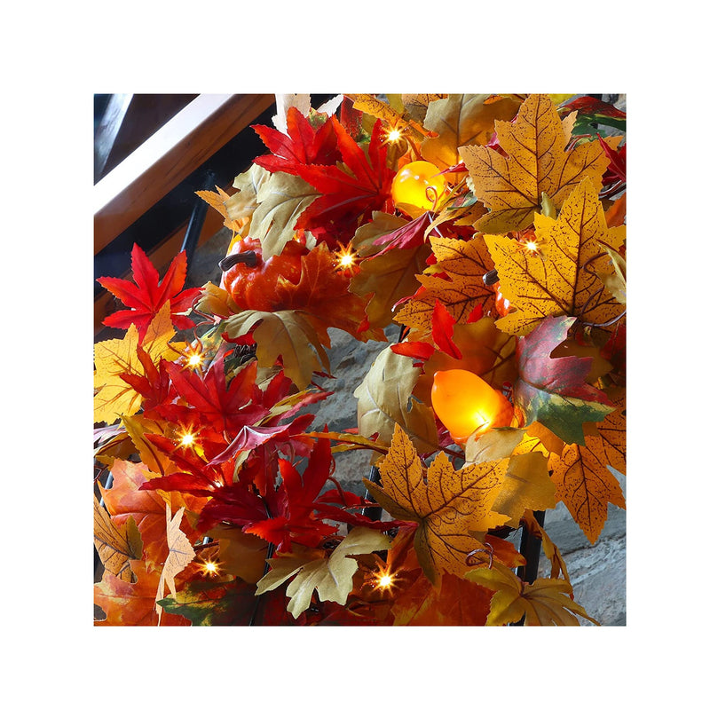 Juegoal Lighted Fall Wreath with Metal Hanger | 14 Inch Pre-lit Artificial Autumn Maple Leaf Wreaths