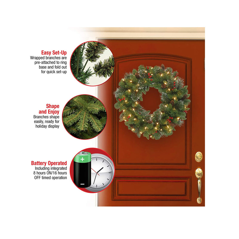 National Tree Company Pre-Lit Artificial Christmas Wreath | Green Crestwood Spruce | White Lights | Decorated