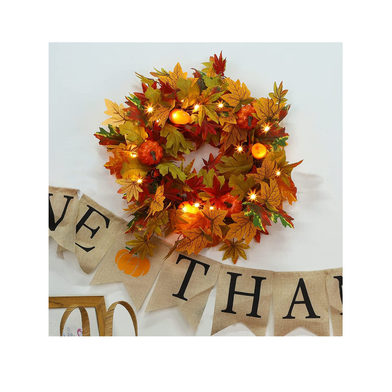 Juegoal Lighted Fall Wreath with Metal Hanger | 14 Inch Pre-lit Artificial Autumn Maple Leaf Wreaths