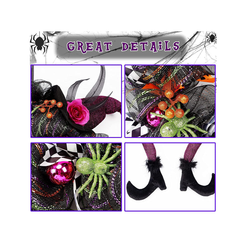 Lulu Home Halloween Wreath | 30 LED Purple Lighted Front Door Wreath with Witch Hat Leg Mesh Decor