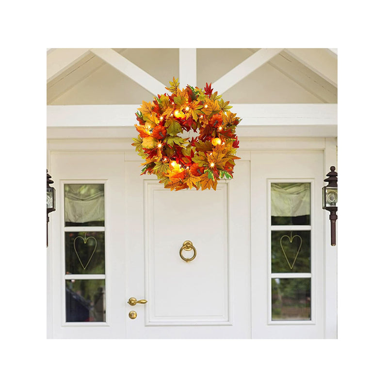 Juegoal Lighted Fall Wreath with Metal Hanger | 14 Inch Pre-lit Artificial Autumn Maple Leaf Wreaths