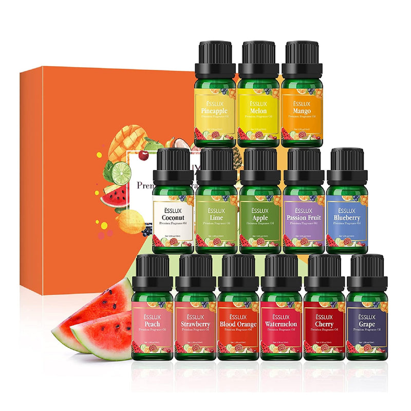 ESSLUX Fruity Fragrance Oil Set | 14 Premium Fruit Scented Oils For Diffuser | Scents To Make Soap Candles