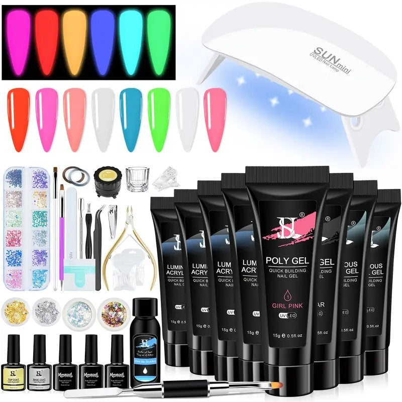 8Color Luminous Poly Gel Nail Kit Nail Extension Gel0.5oz With 6W UV LED Nail Lamp Slip Solution Gel Polish Rhinestones Nail Art Pen Starter
