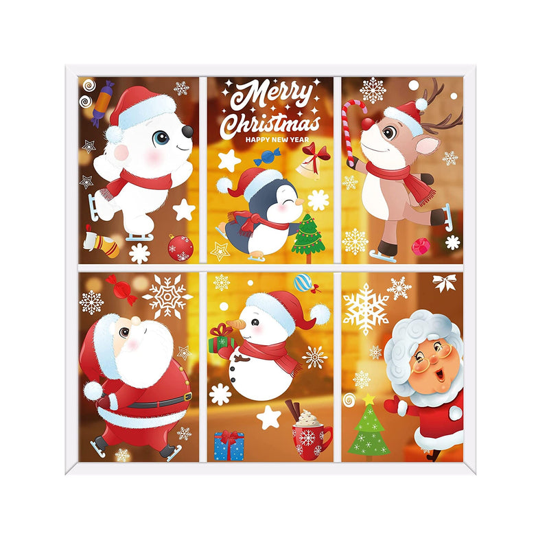 12 Sheets 282PCS Christmas Window Clings Snowflake Christmas Decorations Double Side Reindeer Santa Claus Xmas Decor Window Stickers