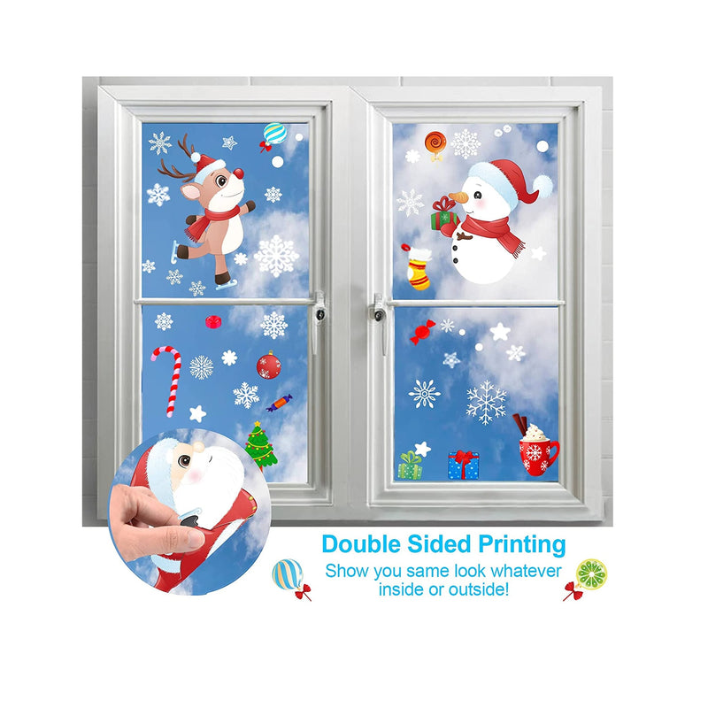 12 Sheets 282PCS Christmas Window Clings Snowflake Christmas Decorations Double Side Reindeer Santa Claus Xmas Decor Window Stickers