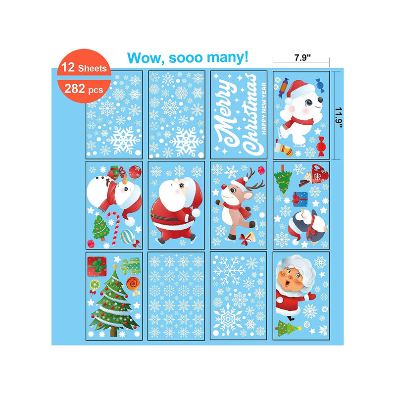 12 Sheets 282PCS Christmas Window Clings Snowflake Christmas Decorations Double Side Reindeer Santa Claus Xmas Decor Window Stickers