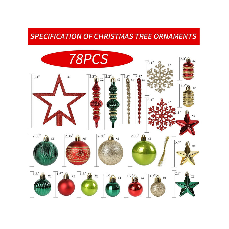 Christmas Tree Ornaments 78 Pack Christmas Tree Decorations Red and Green Gold Christmas Ball