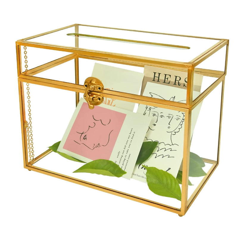 Vintage Gold Large Geometric Glass Card Box Terrarium with Slot