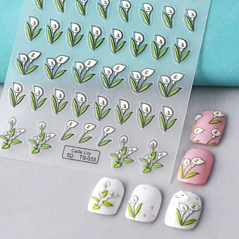 New Craft Plant Embossed Nail Stickers 5D Flower Nail Decorative Decals With Back Glue