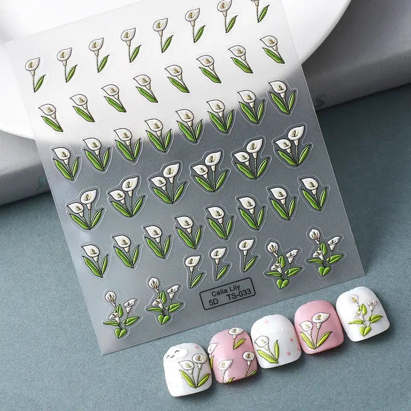 New Craft Plant Embossed Nail Stickers 5D Flower Nail Decorative Decals With Back Glue