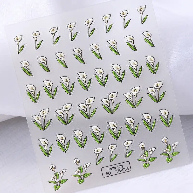 New Craft Plant Embossed Nail Stickers 5D Flower Nail Decorative Decals With Back Glue