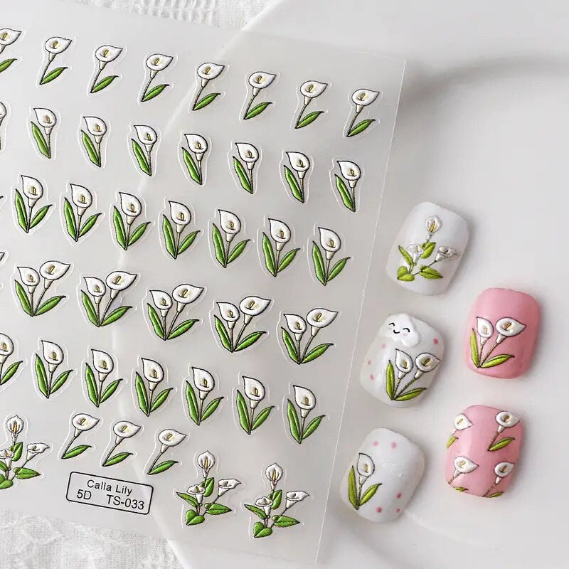 New Craft Plant Embossed Nail Stickers 5D Flower Nail Decorative Decals With Back Glue