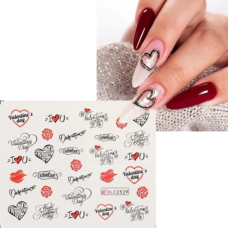 Valentine's Day Nail Art Stickers Heart Nail Art Decals Lips Heart Rose  Flower Letters Love Designs Water Transfer Nail Supplies Sliders Nail Decor