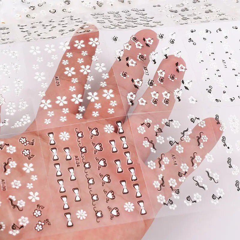 30 Pcs 3D Manicure Bow Sticker Nail Decals Beautiful 3D Small Fresh White Flower Ultra-thin Self-adhesive Nail Decals