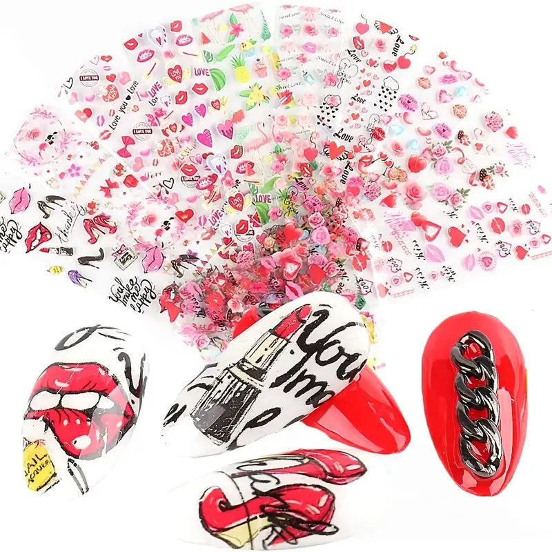 10 Sheets Holographic Nail Foil Transfer Sticker Set,Valentine's Day Nail Art Stickers With Heart,Flowers,Red Lips Romantic Rose Nail Art