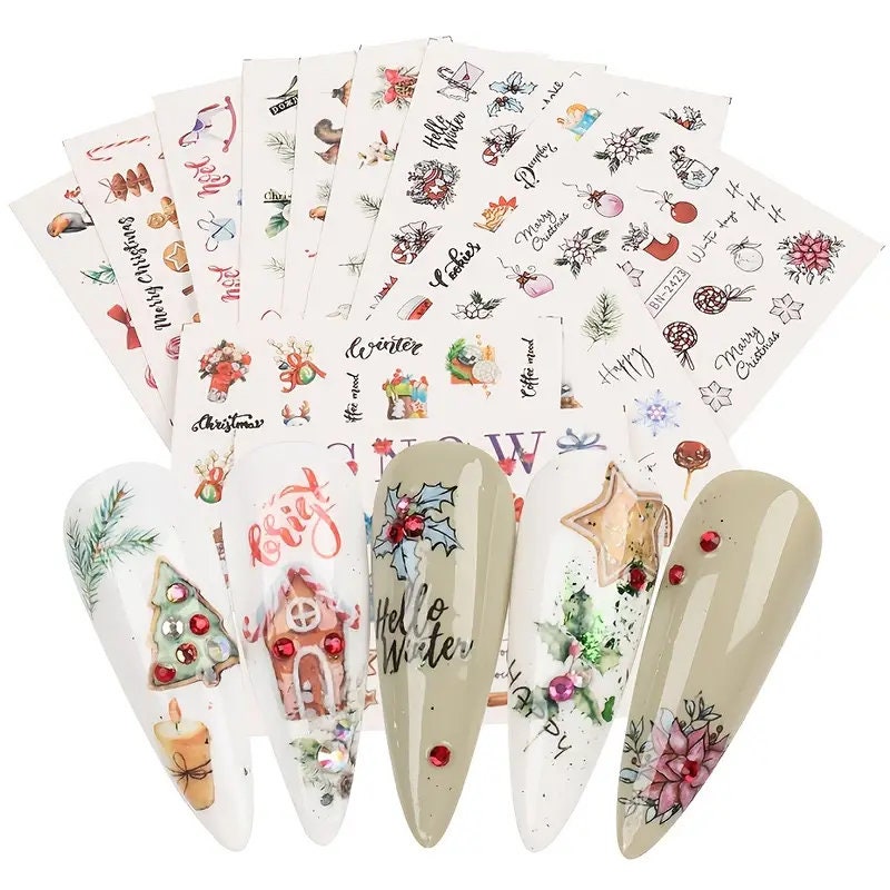 12 Pcs Christmas Style Water Decals Stickers For Nail Art Set Cute Santa Cartoon Christmas Tree Flowers Leaves Patterns Slider On Nails