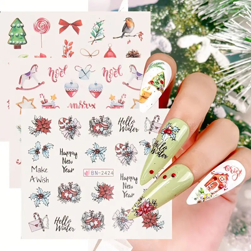 12 Pcs Christmas Style Water Decals Stickers For Nail Art Set Cute Santa Cartoon Christmas Tree Flowers Leaves Patterns Slider On Nails