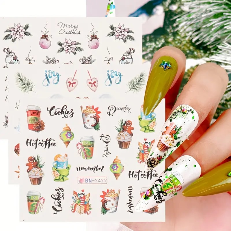 12 Pcs Christmas Style Water Decals Stickers For Nail Art Set Cute Santa Cartoon Christmas Tree Flowers Leaves Patterns Slider On Nails