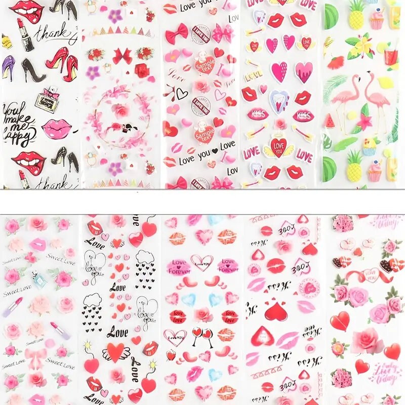 10 Sheets Holographic Nail Foil Transfer Sticker Set,Valentine's Day Nail Art Stickers With Heart,Flowers,Red Lips Romantic Rose Nail Art