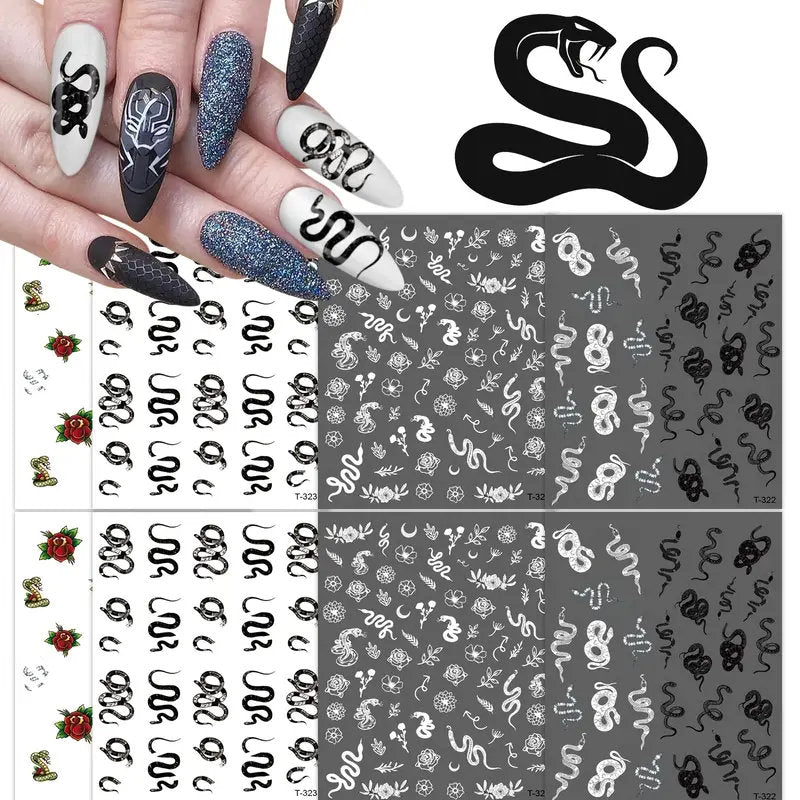 Snake Nail Stickers Black Snake Nail Art Stickers Decals 3D Self-Adhesive Nail Art Supplies |Nail Art Decorations For Acrylic Nails Manicure
