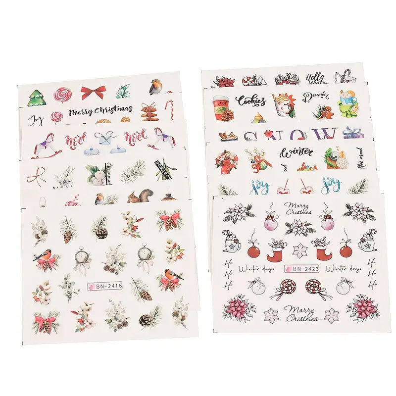 12 Pcs Christmas Style Water Decals Stickers For Nail Art Set Cute Santa Cartoon Christmas Tree Flowers Leaves Patterns Slider On Nails