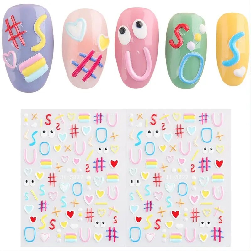 5D Embossed Cartoon Nails Art Stickers Colorful Heart Oval Simple Geometric Lines Design Kid Fun Nail Decals Manicure 2 Pcs