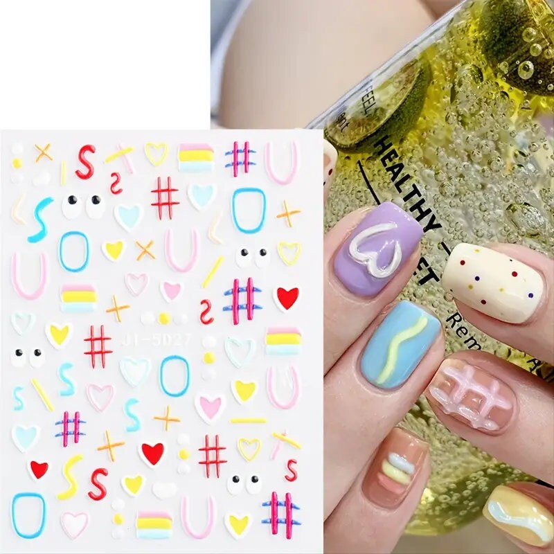 5D Embossed Cartoon Nails Art Stickers Colorful Heart Oval Simple Geometric Lines Design Kid Fun Nail Decals Manicure 2 Pcs