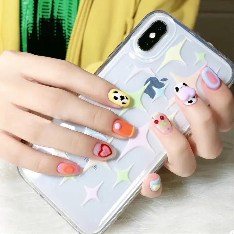 5D Embossed Cartoon Nails Art Stickers Colorful Heart Oval Simple Geometric Lines Design Kid Fun Nail Decals Manicure 2 Pcs