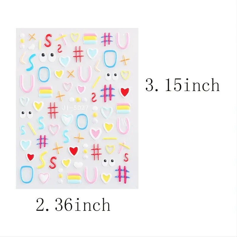 5D Embossed Cartoon Nails Art Stickers Colorful Heart Oval Simple Geometric Lines Design Kid Fun Nail Decals Manicure 2 Pcs