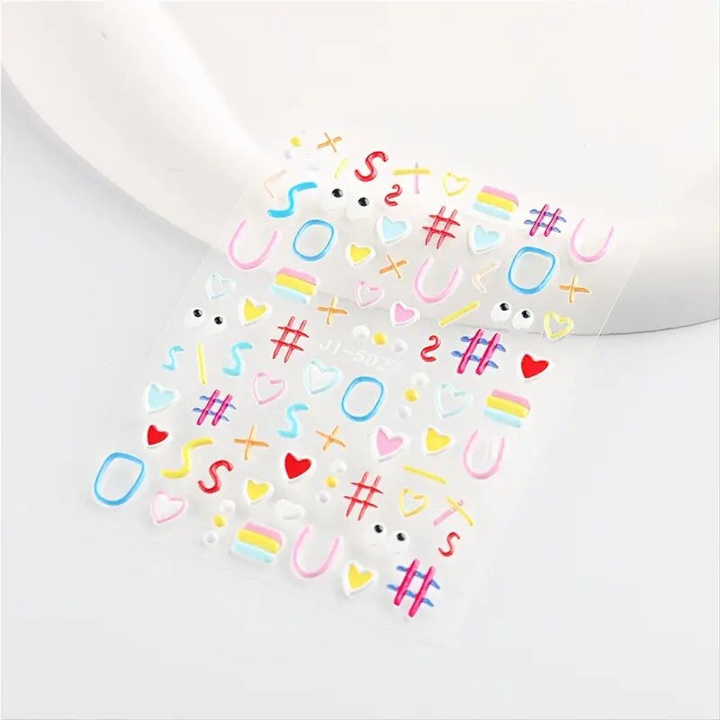 5D Embossed Cartoon Nails Art Stickers Colorful Heart Oval Simple Geometric Lines Design Kid Fun Nail Decals Manicure 2 Pcs