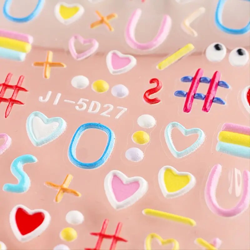 5D Embossed Cartoon Nails Art Stickers Colorful Heart Oval Simple Geometric Lines Design Kid Fun Nail Decals Manicure 2 Pcs