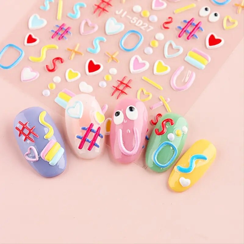 5D Embossed Cartoon Nails Art Stickers Colorful Heart Oval Simple Geometric Lines Design Kid Fun Nail Decals Manicure 2 Pcs