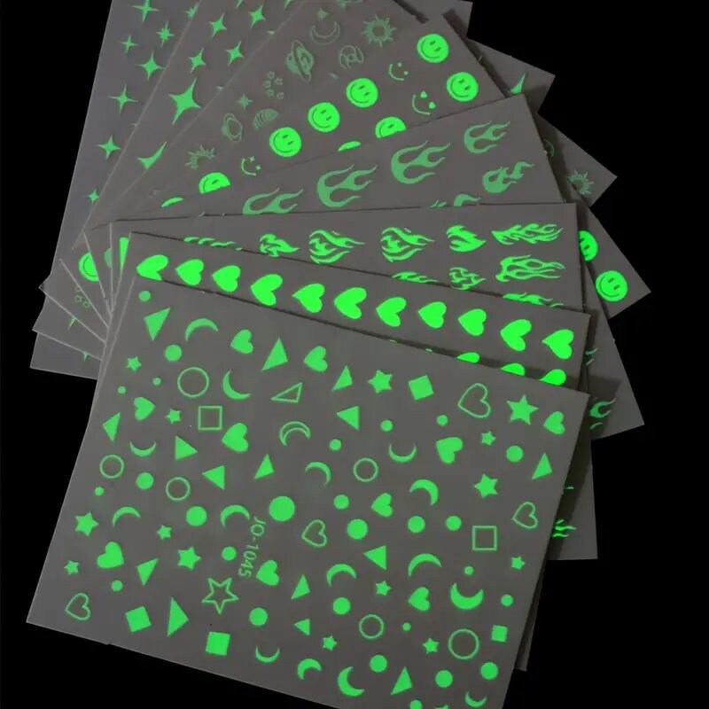 8 Sheets Nail Art Adhesive Stickers Decal Decoration 3D Luminous Nail Art Supplies Nail Decals Flame Stars Nail Art Stickers Smiley Designer