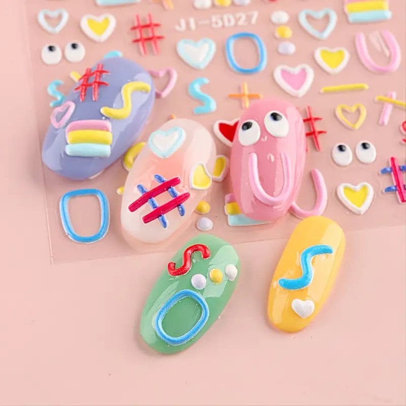 5D Embossed Cartoon Nails Art Stickers Colorful Heart Oval Simple Geometric Lines Design Kid Fun Nail Decals Manicure 2 Pcs