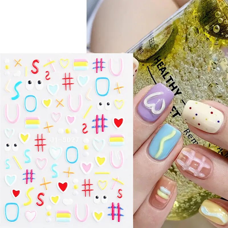 5D Embossed Cartoon Nails Art Stickers Colorful Heart Oval Simple Geometric Lines Design Kid Fun Nail Decals Manicure 2 Pcs