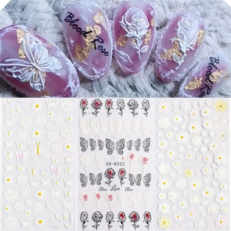 5D Embossed Cartoon Nails Art Stickers Colorful Heart Oval Simple Geometric Lines Design Kid Fun Nail Decals Manicure 2 Pcs