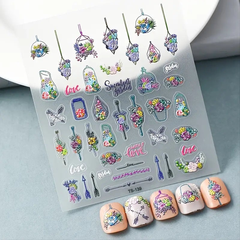 Flower Basket And Arrows 5D Nail Stickers Decoration Adhesive Nail Accessories