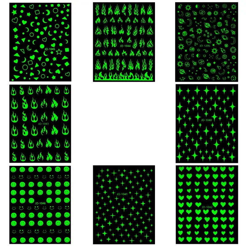 8 Sheets Nail Art Adhesive Stickers Decal Decoration 3D Luminous Nail Art Supplies Nail Decals Flame Stars Nail Art Stickers Smiley Designer