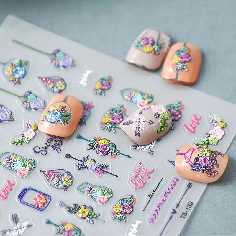 Flower Basket And Arrows 5D Nail Stickers Decoration Adhesive Nail Accessories