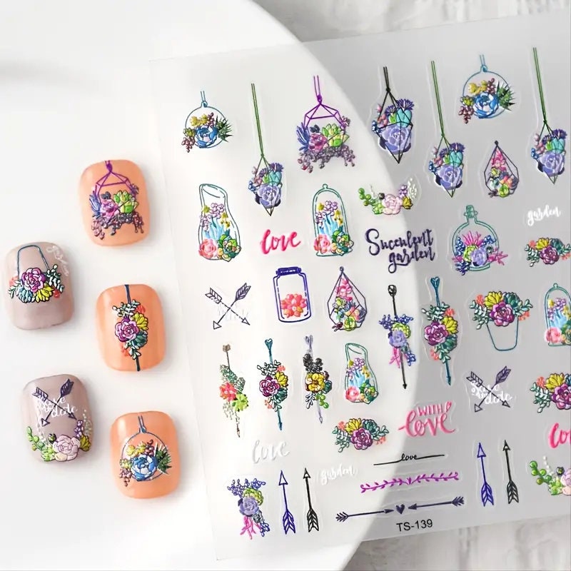 Flower Basket And Arrows 5D Nail Stickers Decoration Adhesive Nail Accessories