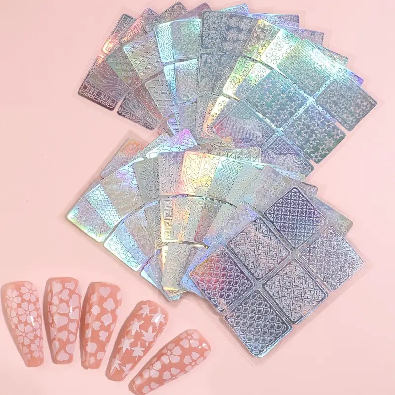 24 Sheets Nail Hollow Irregular Grid Stencil | Reusable Manicure Stickers Stamping Template | Nail Art Tools | Colorful Stylish And Popular